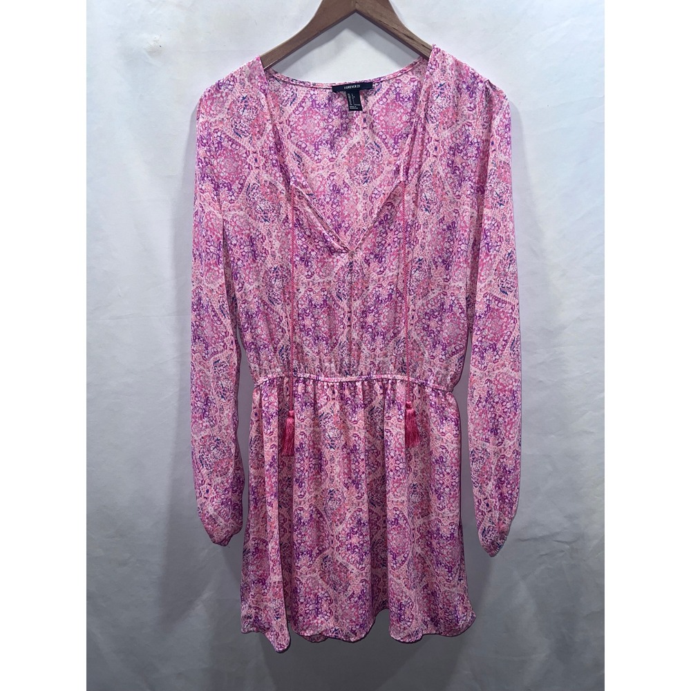 Forever 21 Women Pink Purple Medallion Paisley Long Sleeve Mini Dress Large Boho